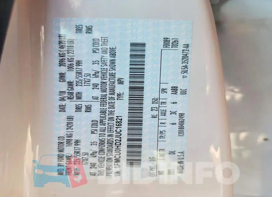 1FMCU0HD2JUC16821 Photo# 13