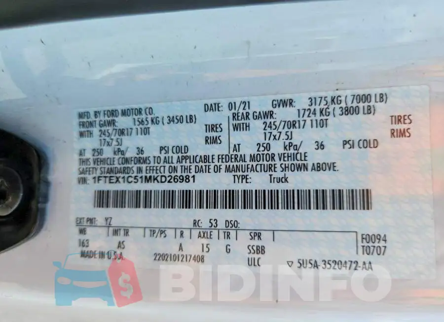 1FTEX1C51MKD26981 Photo# 13