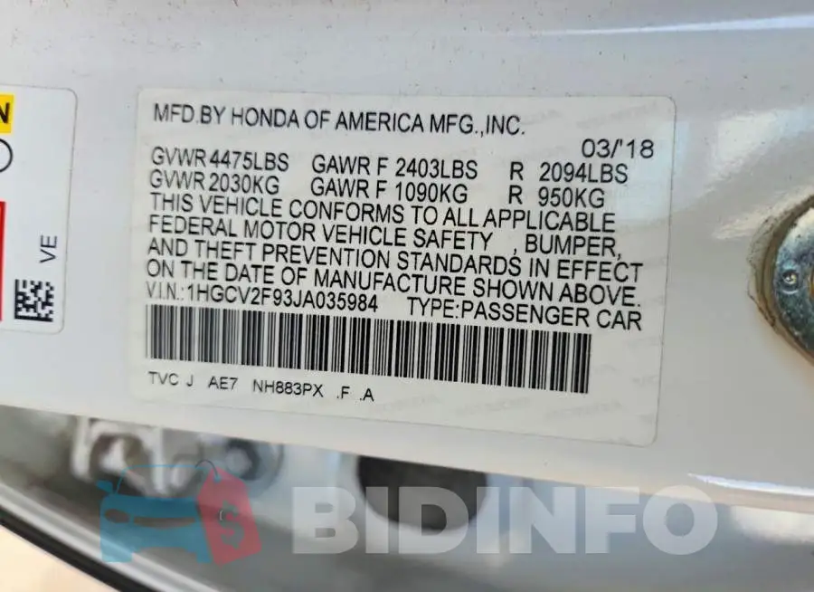 1HGCV2F93JA035984 Photo# 12