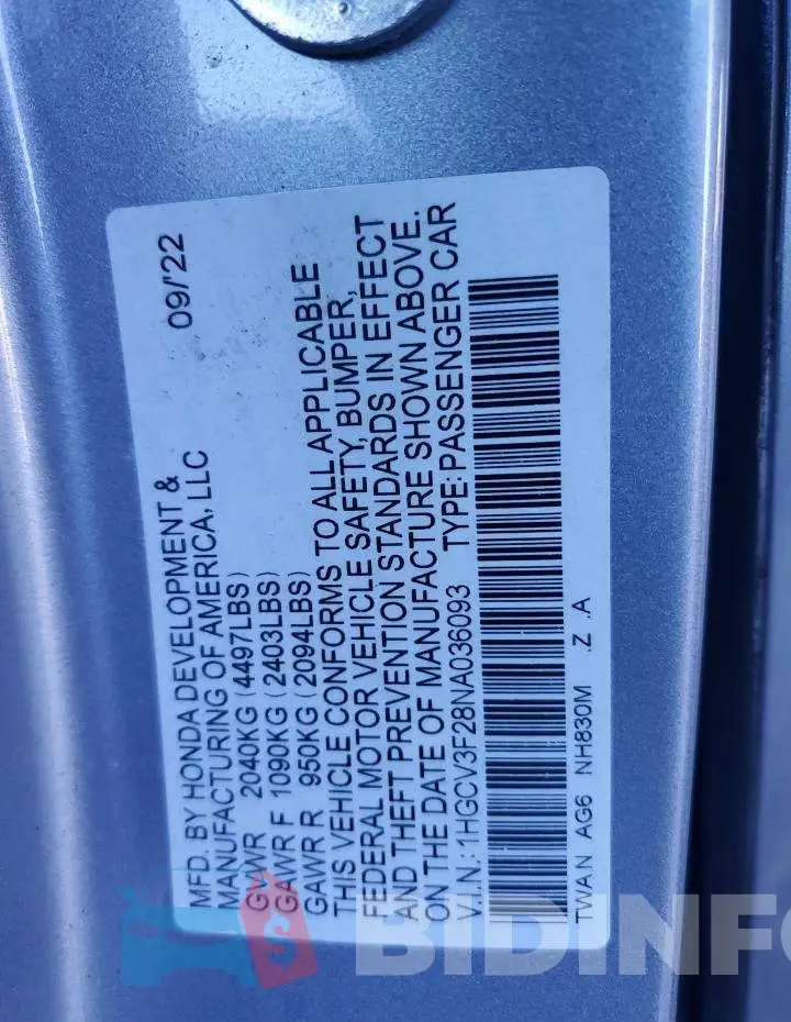 1HGCV3F28NA036093 Photo# 12