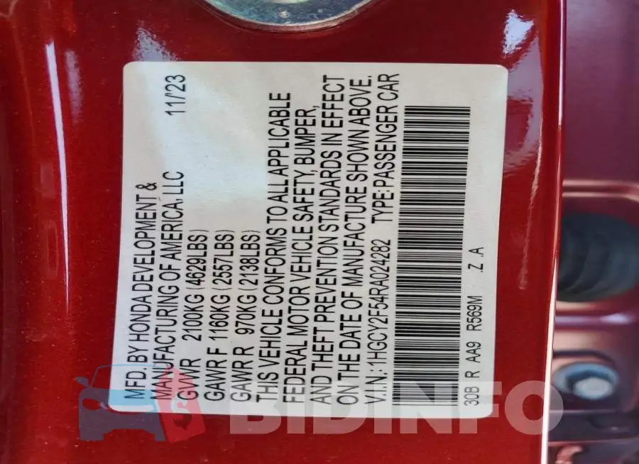 1HGCY2F54RA024282 Photo# 13
