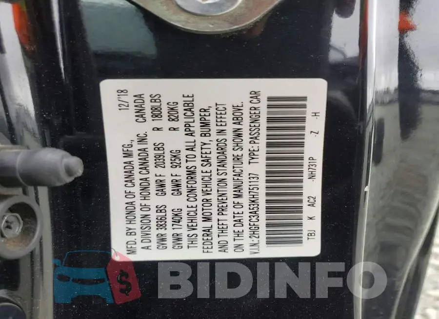 2HGFC3A53KH751137 Photo# 12