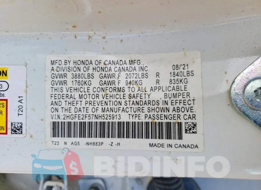 2HGFE2F57NH525913 Photo# 12