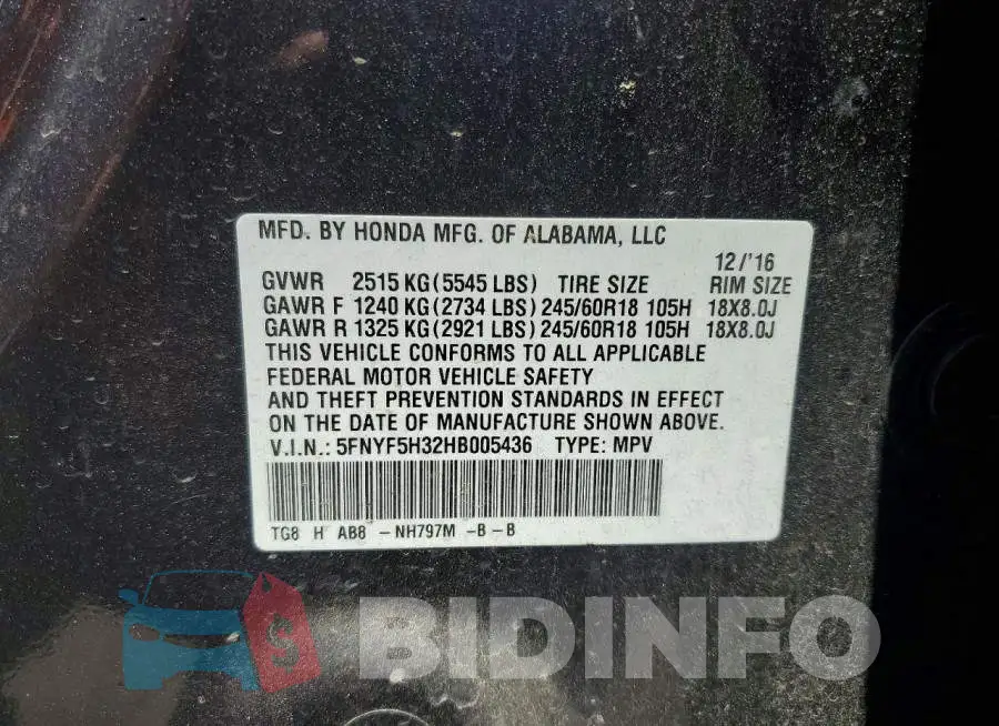 5FNYF5H32HB005436 Photo# 13