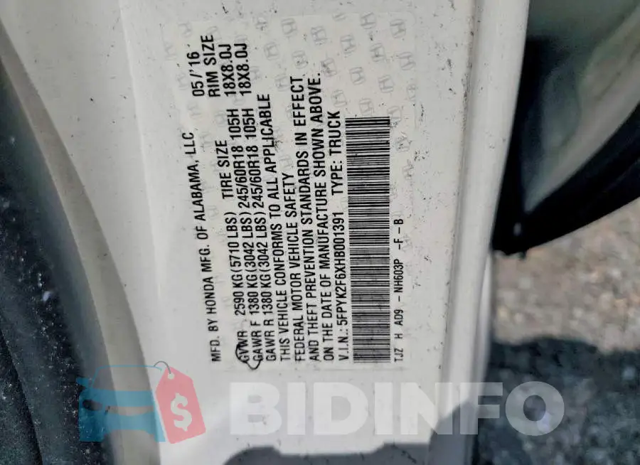 5FPYK2F6XHB001391 Photo# 12