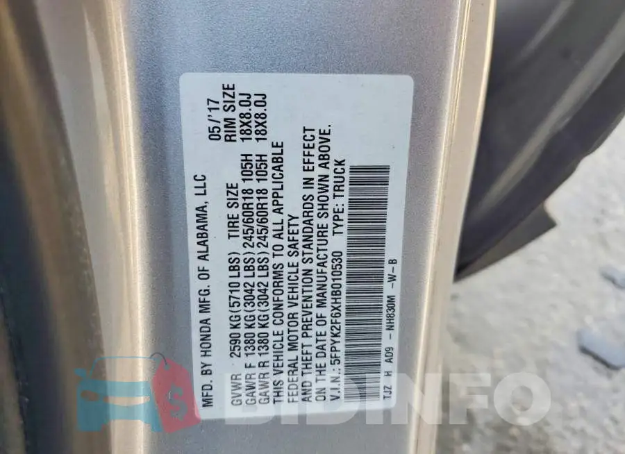 5FPYK2F6XHB010530 Photo# 12