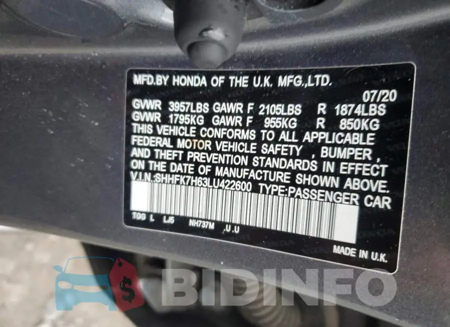 SHHFK7H63LU422600 Photo# 12