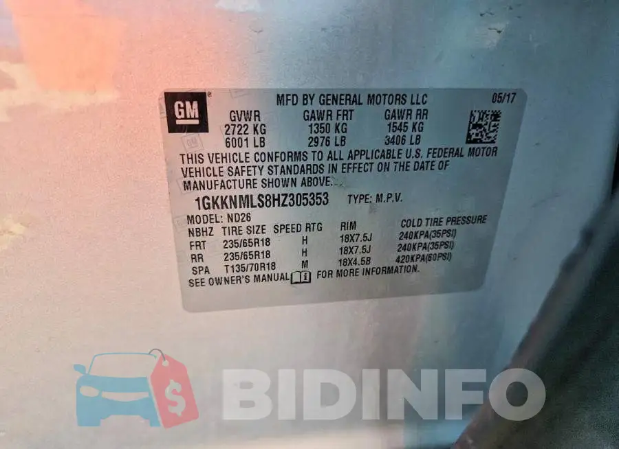 1GKKNMLS8HZ305353 Photo# 12