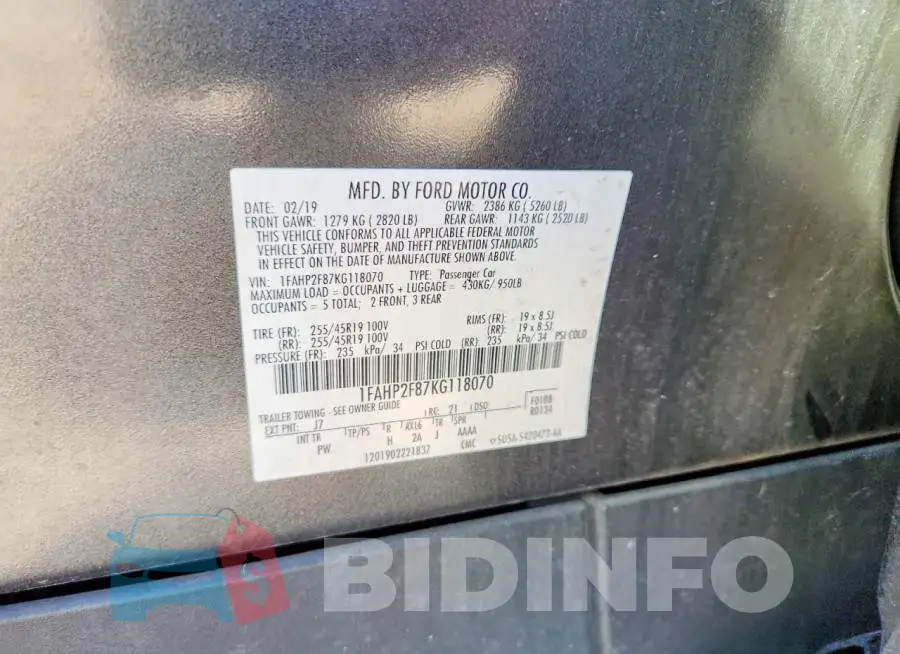 1FAHP2F87KG118070 Photo# 12
