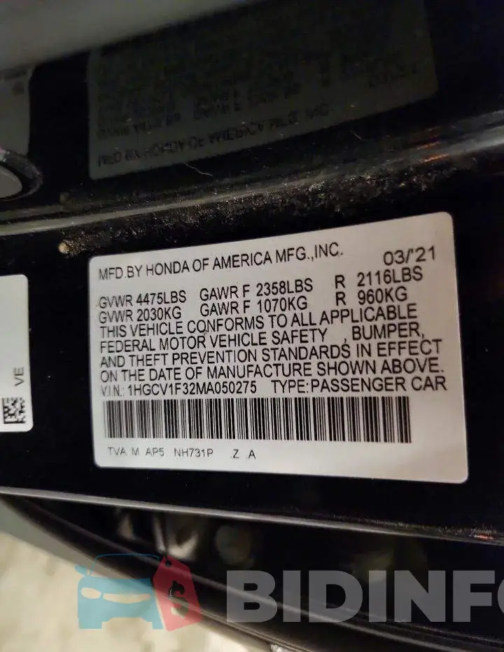 1HGCV1F32MA050275 Photo# 12