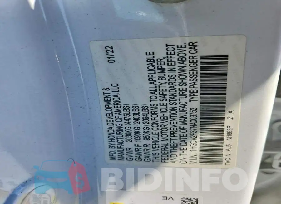1HGCV2F37NA003752 Photo# 12