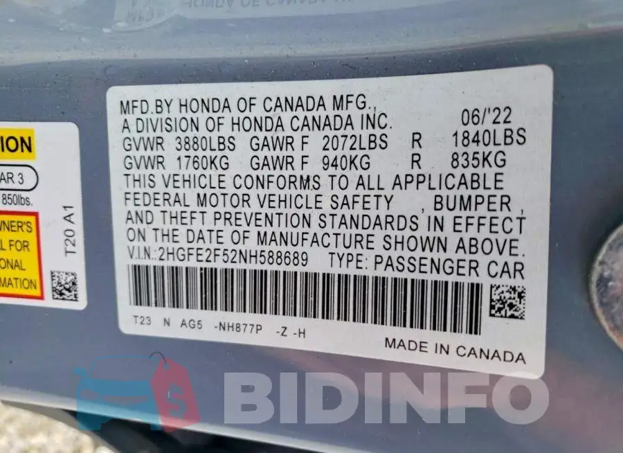 2HGFE2F52NH588689 Photo# 12