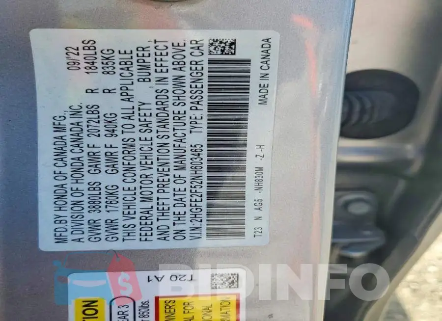 2HGFE2F52NH603465 Photo# 12