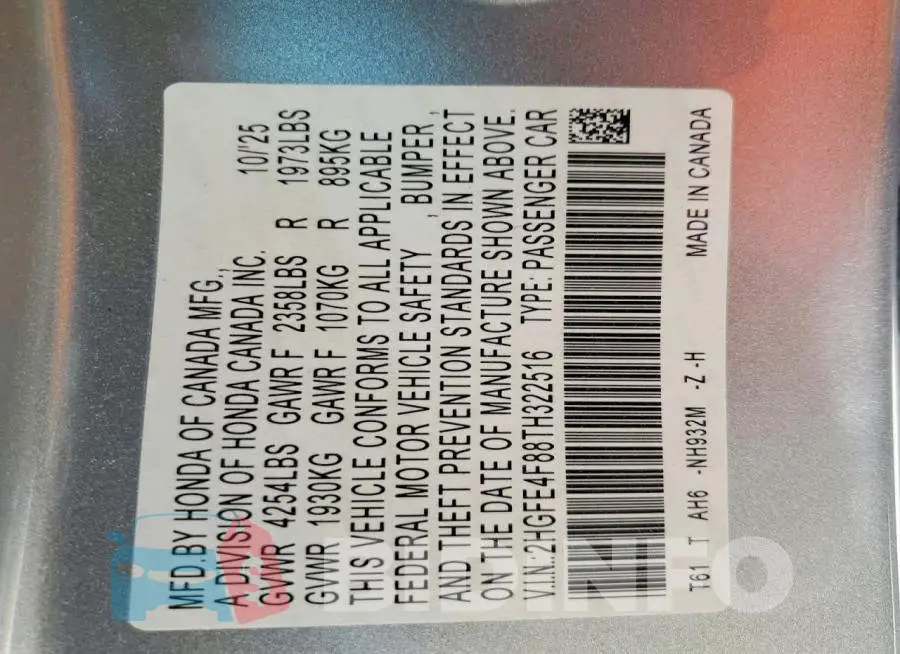 2HGFE4F88TH322516 Photo# 14