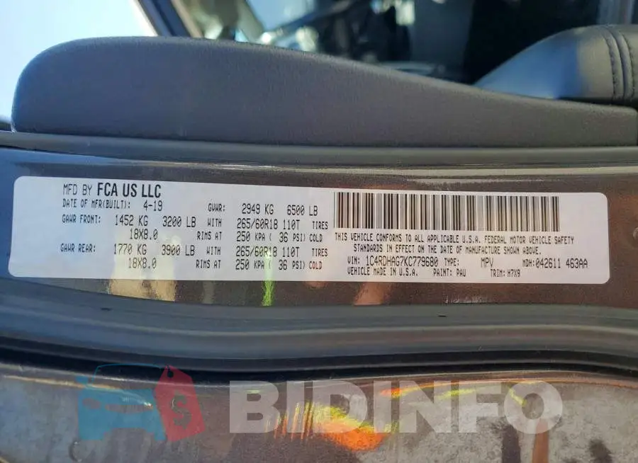 1C4RDHAG7KC779680 Photo# 13
