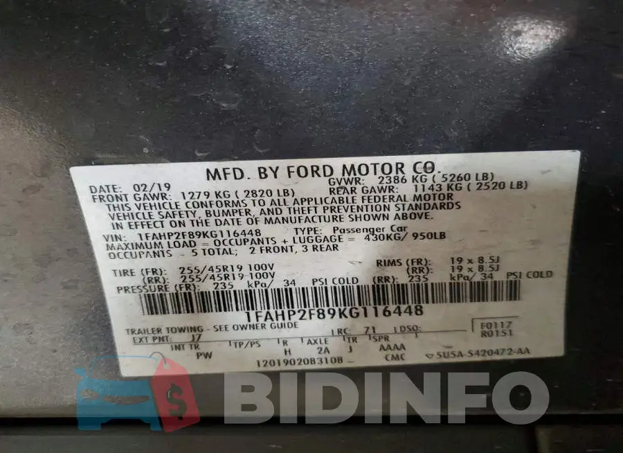 1FAHP2F89KG116448 Photo# 13