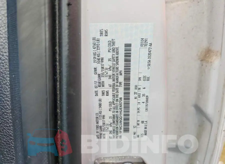 1FMCU9GD1HUE65708 Photo# 13