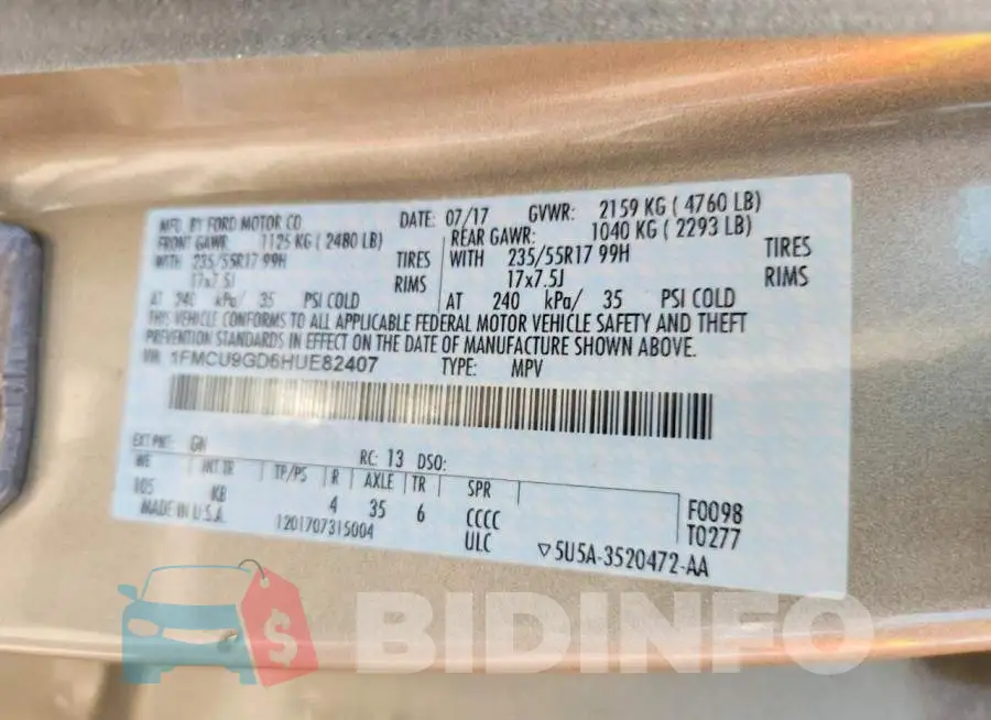 1FMCU9GD6HUE82407 Photo# 13