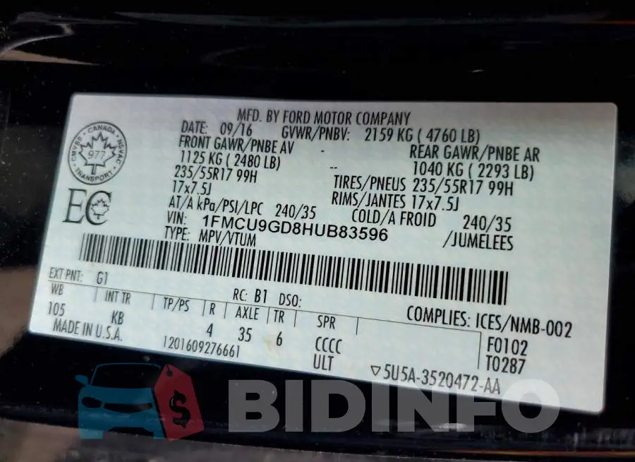 1FMCU9GD8HUB83596 Photo# 13
