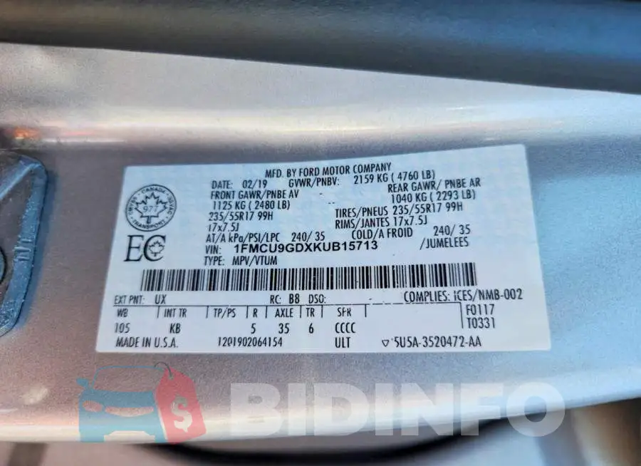 1FMCU9GDXKUB15713 Photo# 13