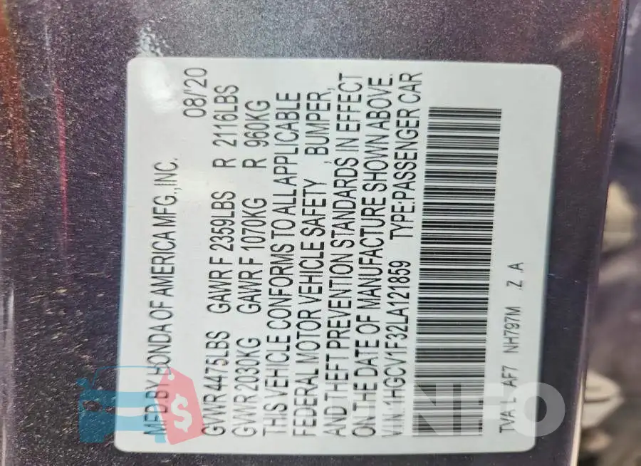 1HGCV1F32LA121859 Photo# 12