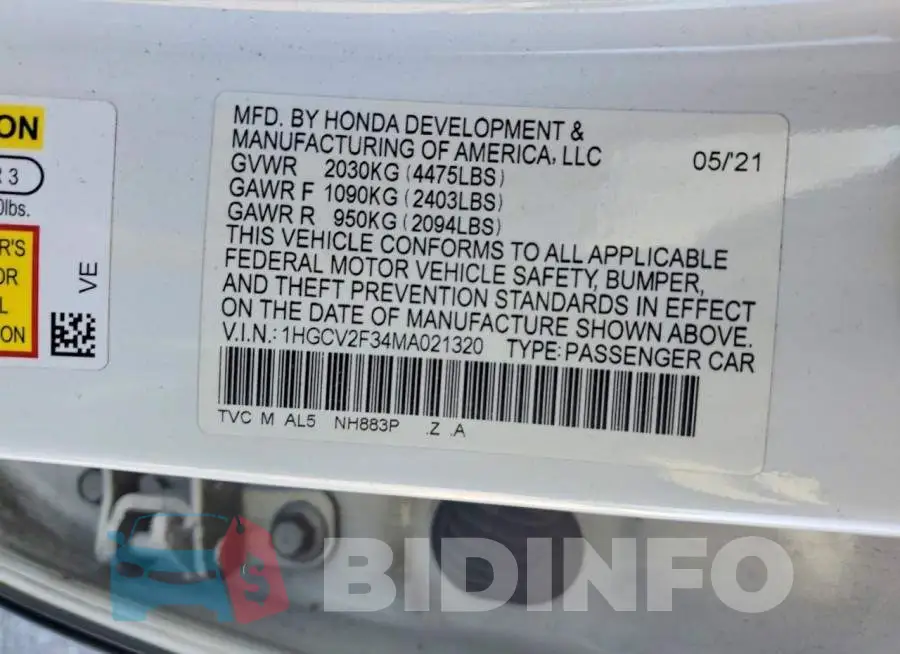 1HGCV2F34MA021320 Photo# 12