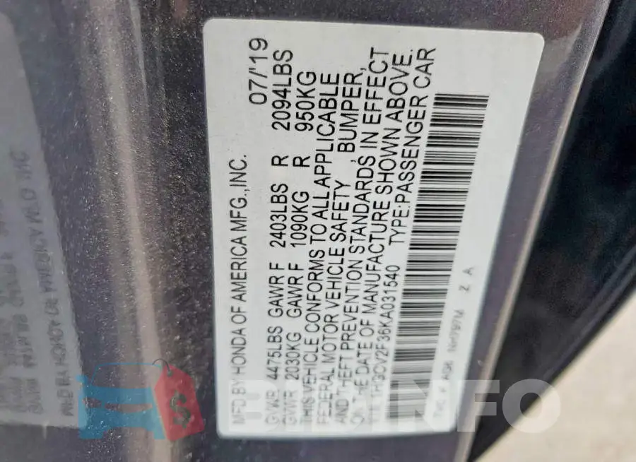 1HGCV2F36KA031540 Photo# 12