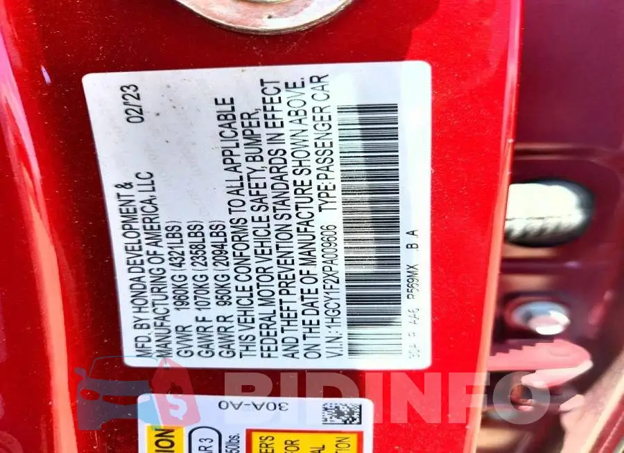 1HGCY1F2XPA009606 Photo# 12