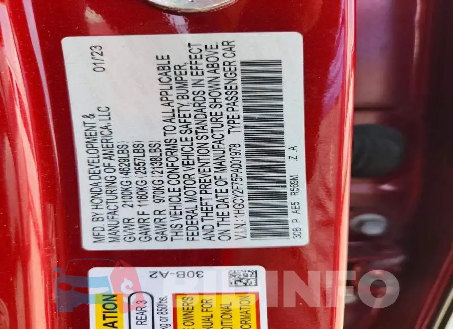 1HGCY2F75PA001978 Photo# 12
