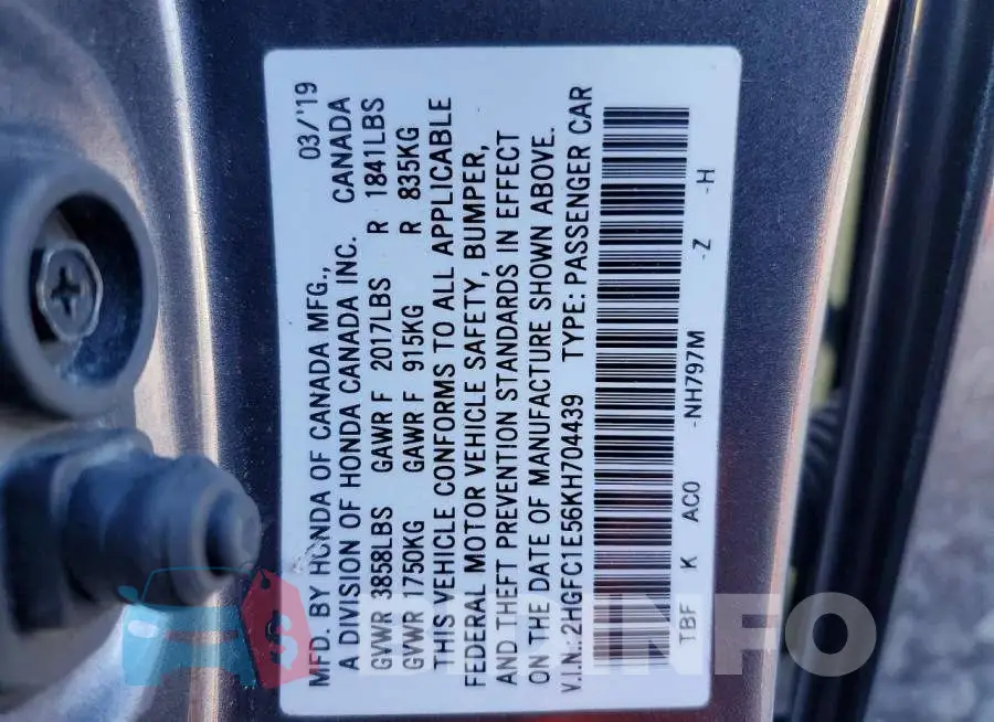 2HGFC1E56KH704439 Photo# 13