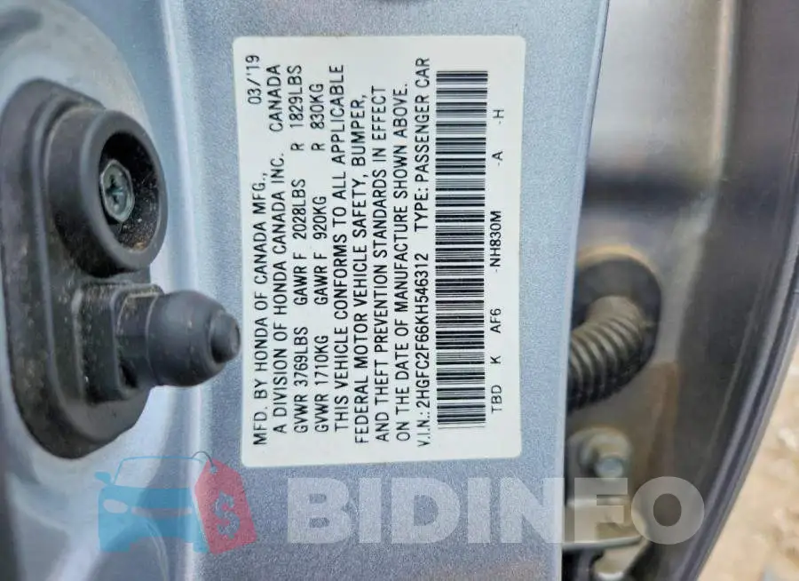 2HGFC2F66KH546312 Photo# 12