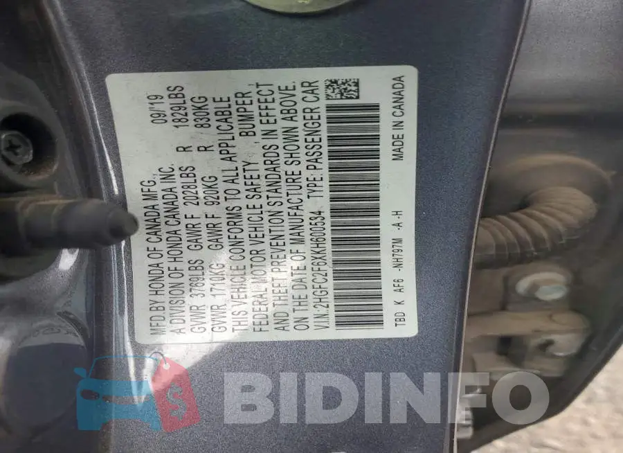 2HGFC2F6XKH600534 Photo# 12