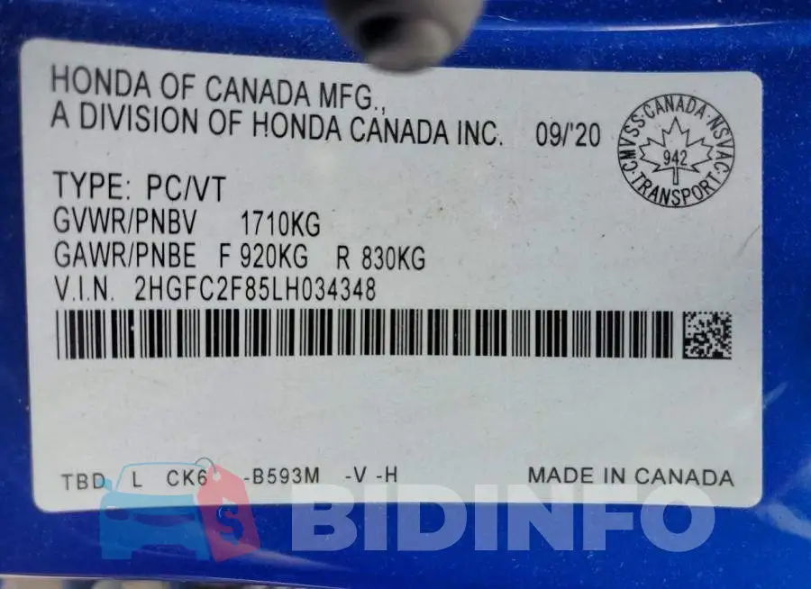 2HGFC2F85LH034348 Photo# 13