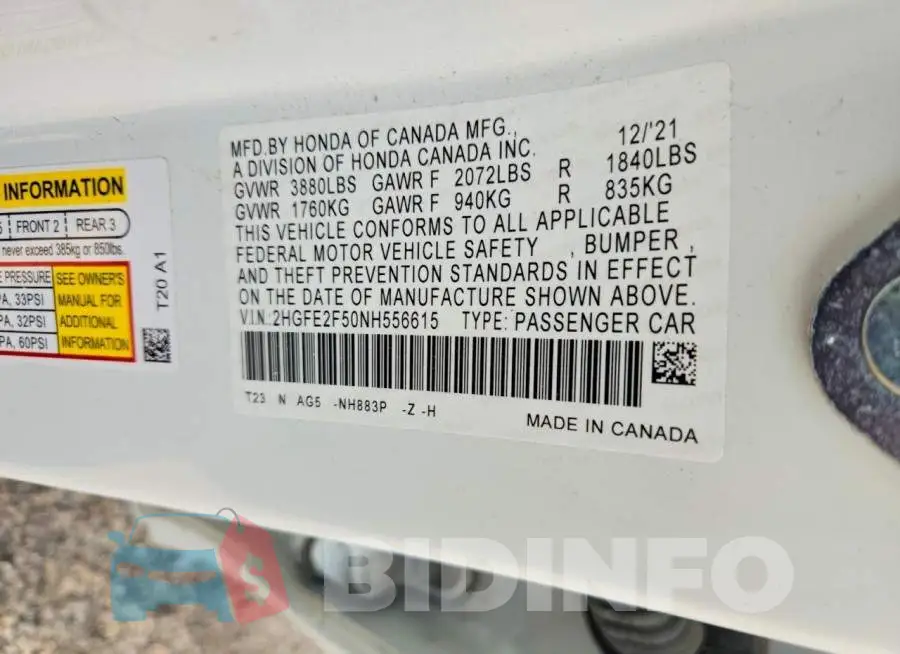2HGFE2F50NH556615 Photo# 12