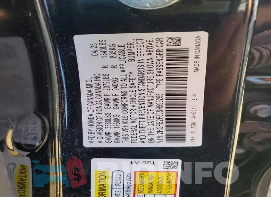 2HGFE2F50SH593255 Photo# 12