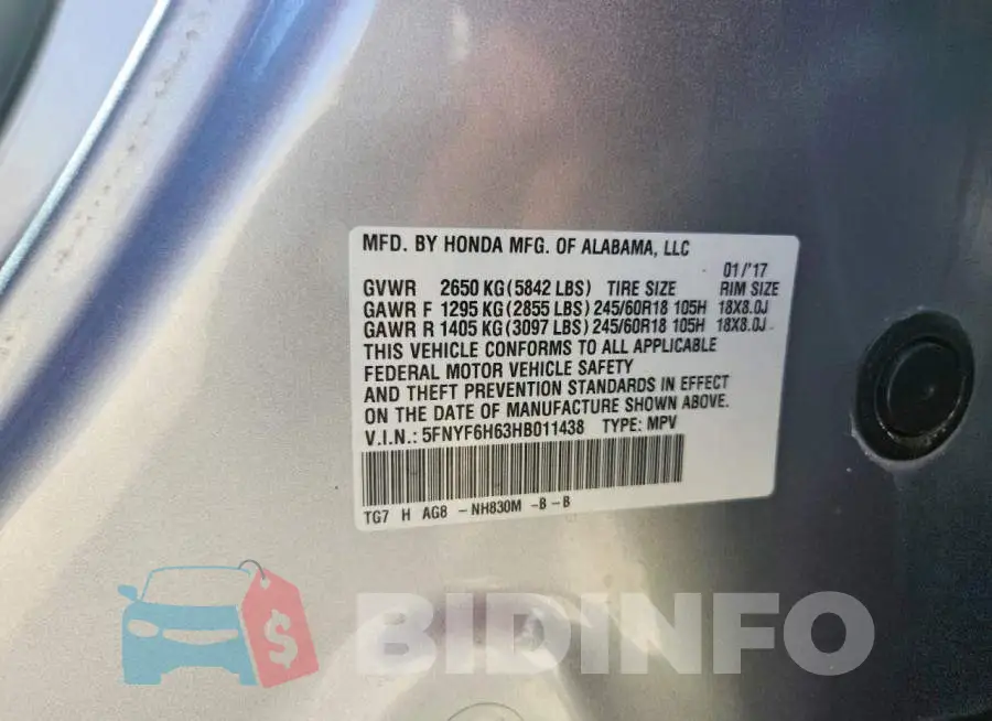 5FNYF6H63HB011438 Photo# 13