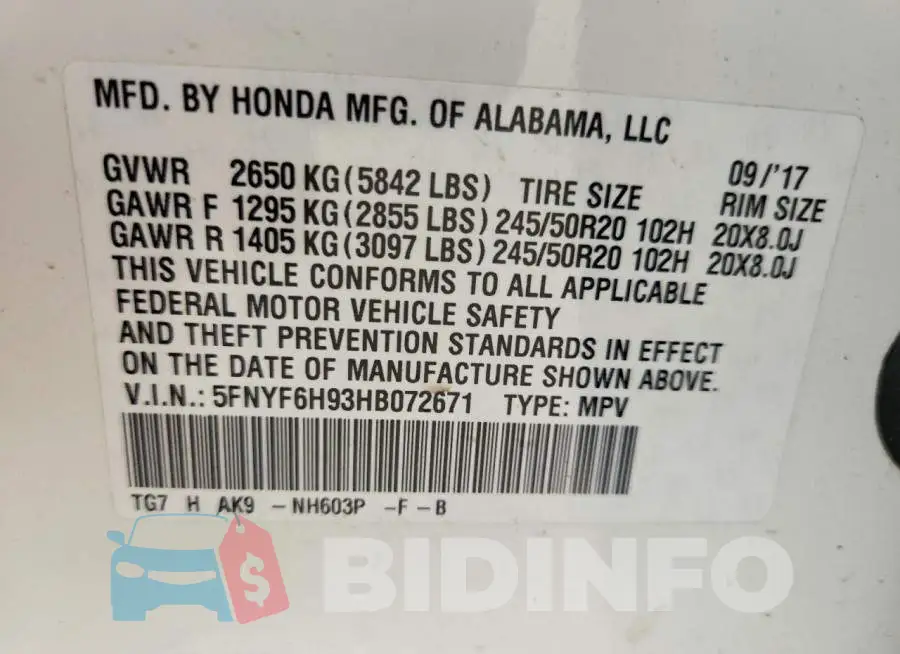 5FNYF6H93HB072671 Photo# 12