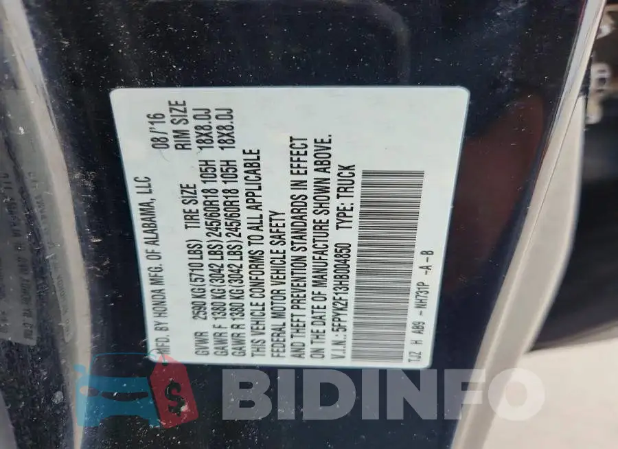 5FPYK2F13HB004850 Photo# 12