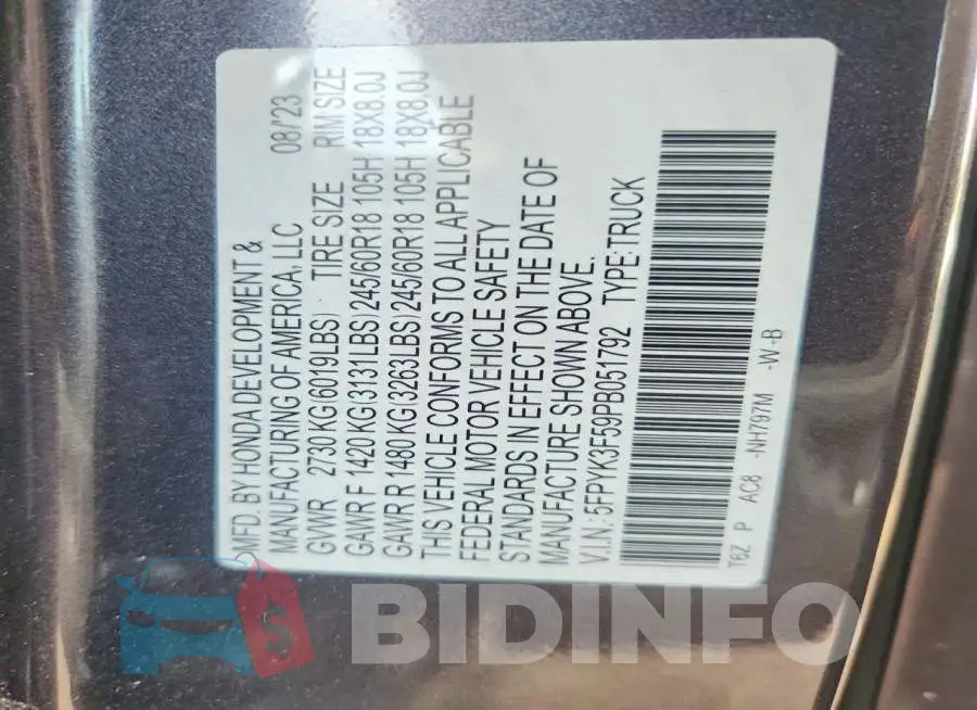 5FPYK3F59PB051792 Photo# 13