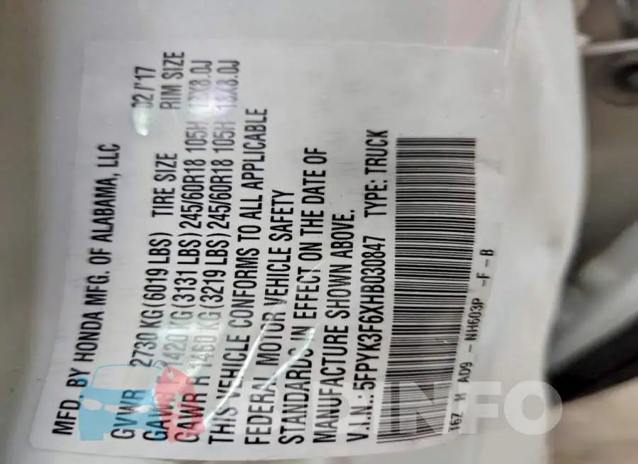 5FPYK3F6XHB030847 Photo# 12