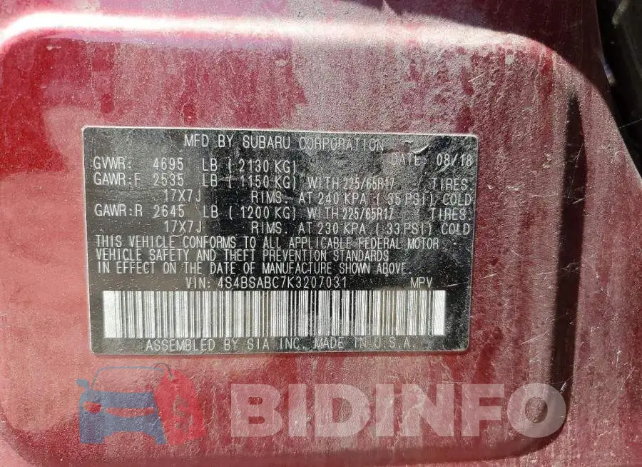 4S4BSABC7K3207031 Photo# 13