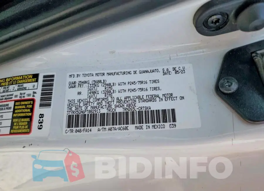 3TYRX5GN6PT082913 Photo# 12