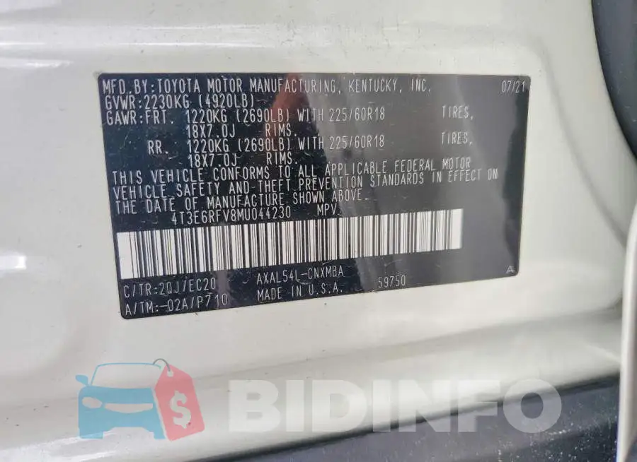 4T3E6RFV8MU044230 Photo# 12