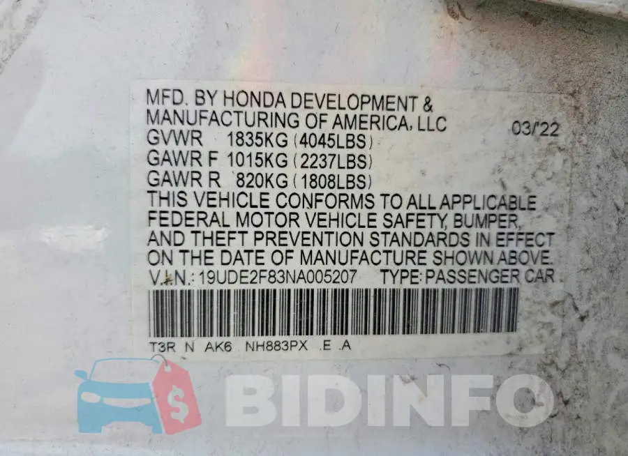 19UDE2F83NA005207 Photo# 12