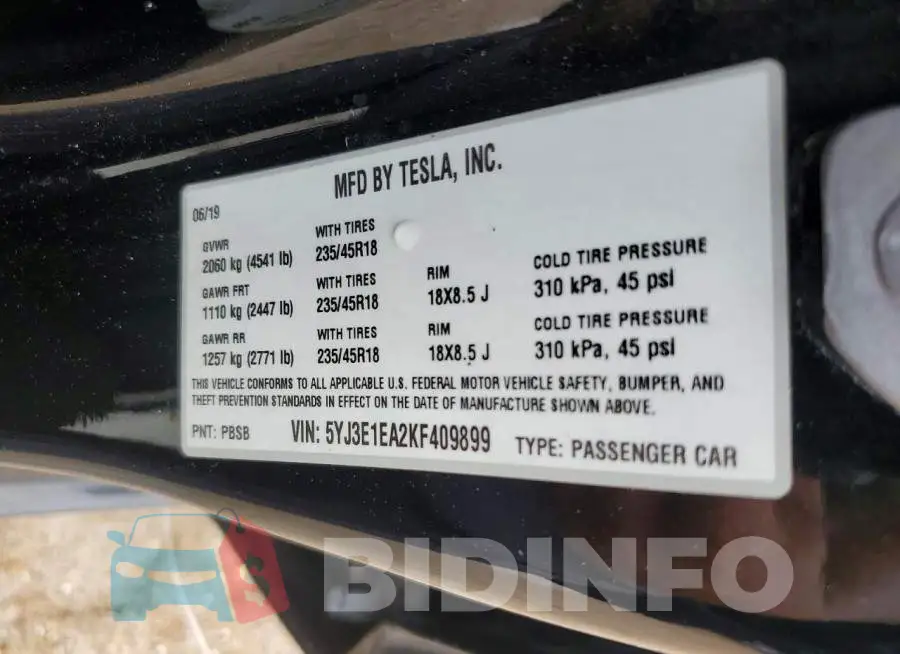 5YJ3E1EA2KF409899 Photo# 12