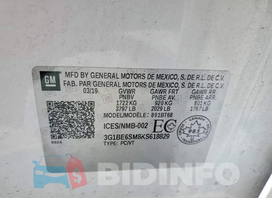 3G1BE6SM8KS618829 Photo# 12