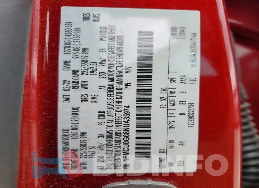 1FMCU0G68NUA35974 Photo# 13