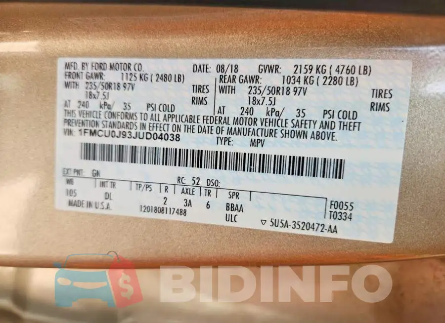 1FMCU0J93JUD04038 Photo# 13