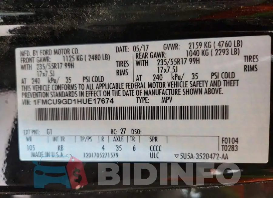 1FMCU9GD1HUE17674 Photo# 14