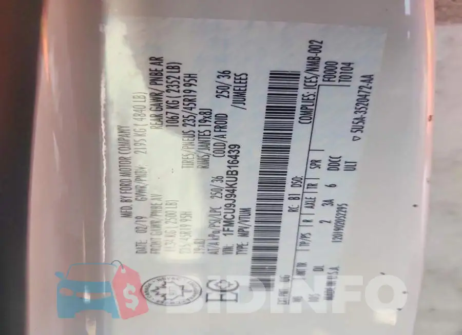 1FMCU9J94KUB16439 Photo# 13